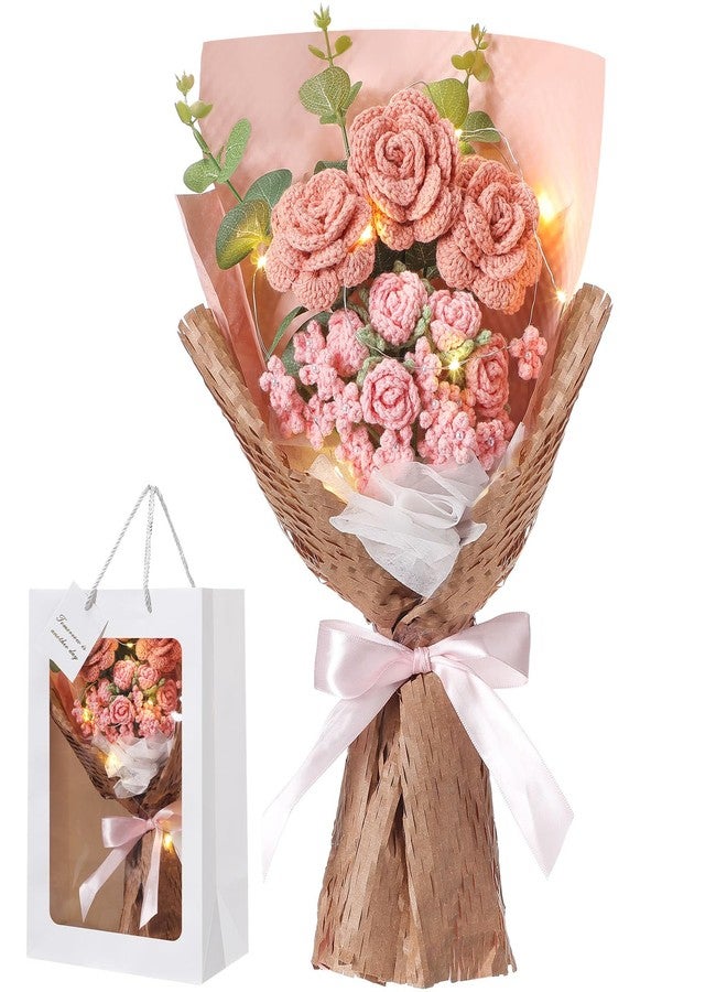 Juinte Crochet Flowers Bouquet Gift Completed Handmade Artificial Knitted Flowers Rose Bouquet Gift for Graduation Birthday Wedding Mother's Day Teacher'day Home Decoration(Pink) - Image 1