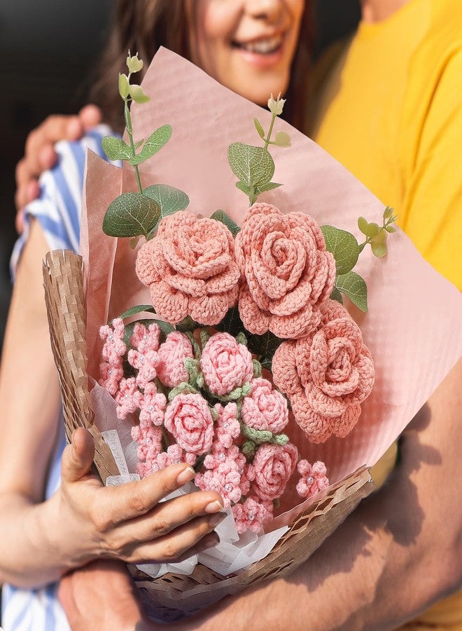 Juinte Crochet Flowers Bouquet Gift Completed Handmade Artificial Knitted Flowers Rose Bouquet Gift for Graduation Birthday Wedding Mother's Day Teacher'day Home Decoration(Pink) - Image 5