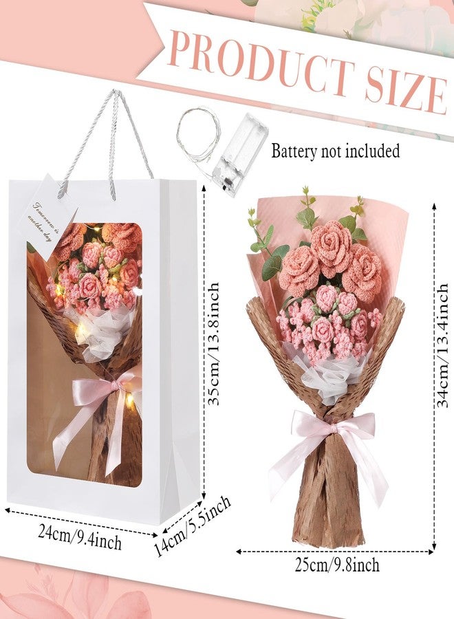 Juinte Crochet Flowers Bouquet Gift Completed Handmade Artificial Knitted Flowers Rose Bouquet Gift for Graduation Birthday Wedding Mother's Day Teacher'day Home Decoration(Pink) - Image 2