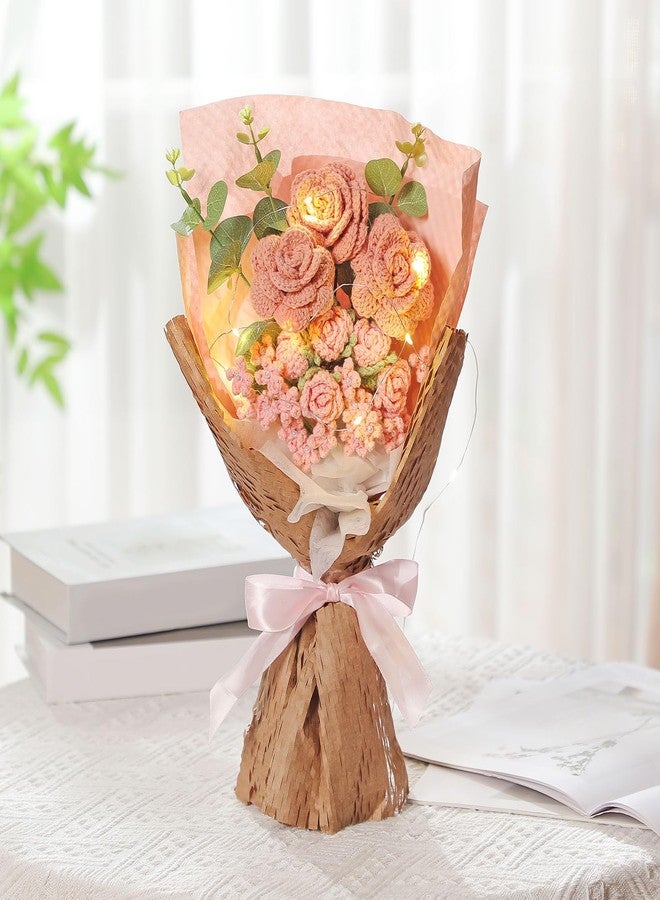 Juinte Crochet Flowers Bouquet Gift Completed Handmade Artificial Knitted Flowers Rose Bouquet Gift for Graduation Birthday Wedding Mother's Day Teacher'day Home Decoration(Pink) - Image 3