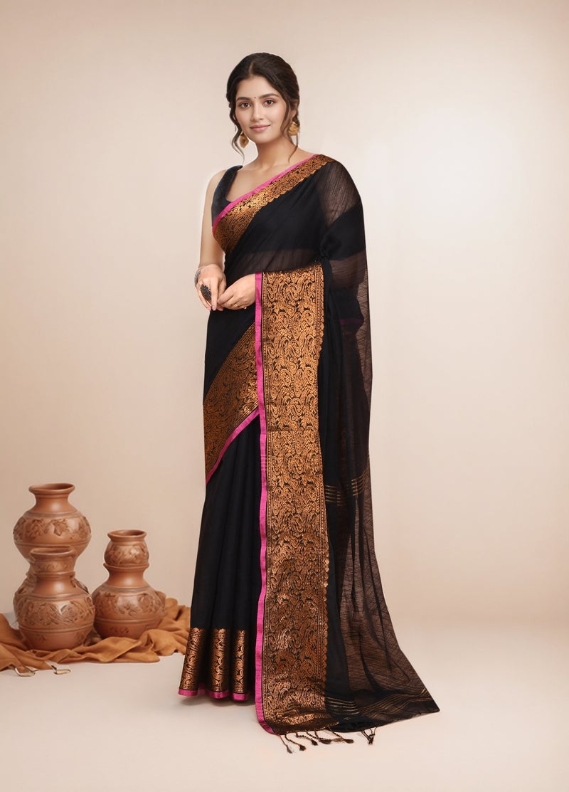 Jhambthreads Women  Cotton Blend Handloom saree with Running Blouse - Image 2