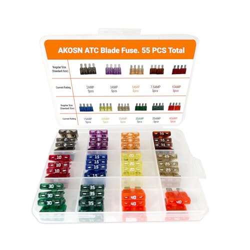 AKOSN Standard ATO/Car Fuse Assortment Kit, 55 Pieces, RV Marin Automotive Blade Fuse, 11 Current Ratings - 2A/ 3A/ 5A/ 7.5A/ 10A/ 15A/ 20A/ 25A/ 30A/ 35A/40 AMP - Image 1