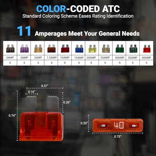 AKOSN Standard ATO/Car Fuse Assortment Kit, 55 Pieces, RV Marin Automotive Blade Fuse, 11 Current Ratings - 2A/ 3A/ 5A/ 7.5A/ 10A/ 15A/ 20A/ 25A/ 30A/ 35A/40 AMP - Image 3