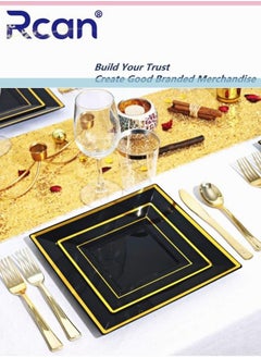Rcan 175 Pcs/set Black Gold Upscale Wedding Dining Party Disposable Plastic Cutlery Set, Party Supplies Square Plate, Spoon, Fork, Knife, Cup, Napkins, Party Tableware (25 Guest)  - Image 2