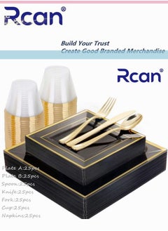 Rcan 175 Pcs/set Black Gold Upscale Wedding Dining Party Disposable Plastic Cutlery Set, Party Supplies Square Plate, Spoon, Fork, Knife, Cup, Napkins, Party Tableware (25 Guest)  - Image 1