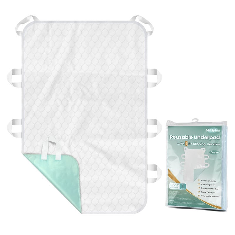 MILDPLUS MILDPLUS Washable Bed Pads with 8 Sturdy Handles 3452 Extra Large Reusable Underpads 4Layers Leakproof Chucks Pads Washable for Incontinence 1 Pack Green 