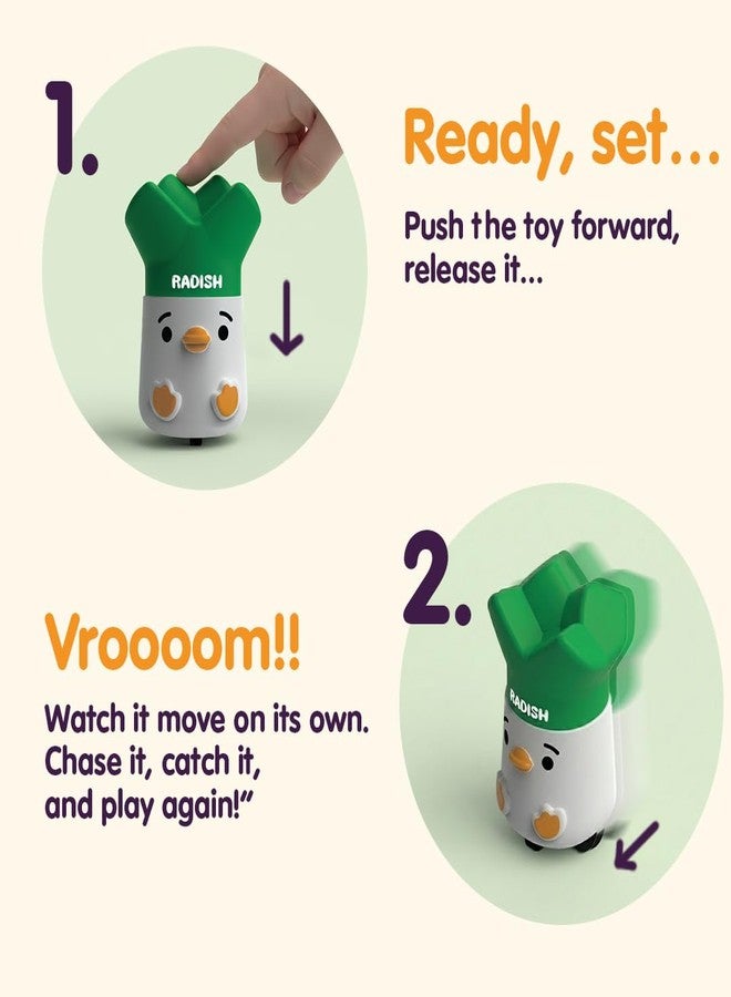 innovitoy مجموعة ألعاب Innovitoy Press & Go Veggie Runner للأطفال، 4 قطع، بتصاميم ملونة للجزر والباذنجان والفجل والأناناس، لعبة سهلة الدفع، أفضل هدية للأطفال من عمر 3 سنوات فما فوق - Image 2