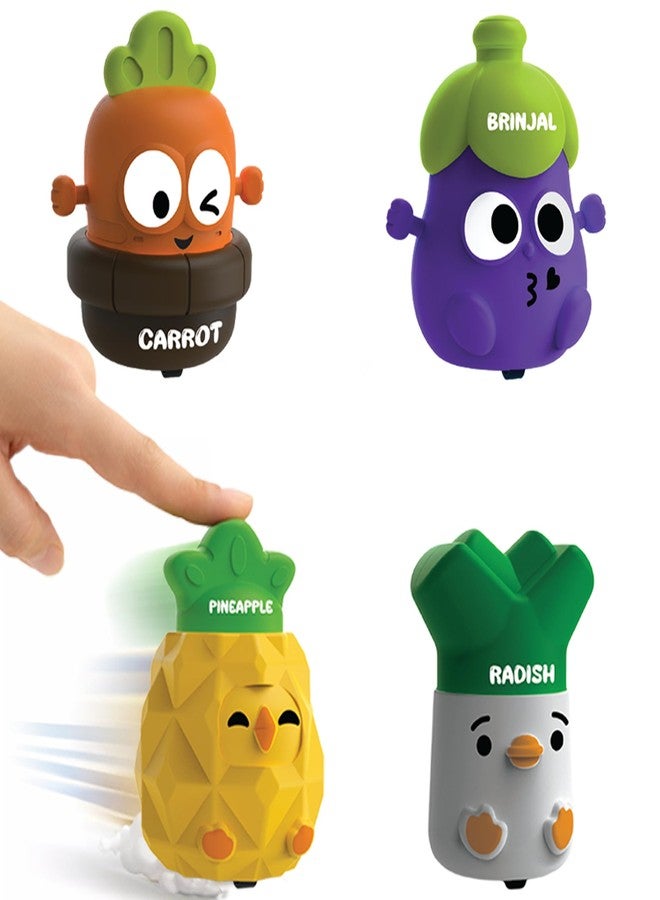 innovitoy مجموعة ألعاب Innovitoy Press & Go Veggie Runner للأطفال، 4 قطع، بتصاميم ملونة للجزر والباذنجان والفجل والأناناس، لعبة سهلة الدفع، أفضل هدية للأطفال من عمر 3 سنوات فما فوق - Image 1