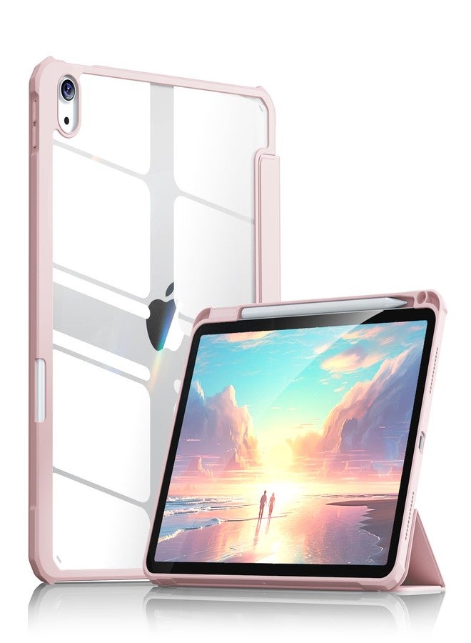 Aoub Case for iPad 10th Generation 10.9 inch 2022 -[Built-in Pencil Holder] Clear Transparent Back Shell with Trifold Stand Shockproof Cover, Auto Sleep/Wake, Pink - Image 1