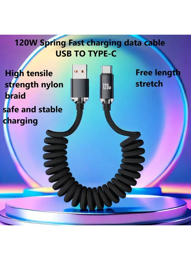 USB C Fast Charging Cable 120W 100cm Stretchable Spring Data Cord - Image 1
