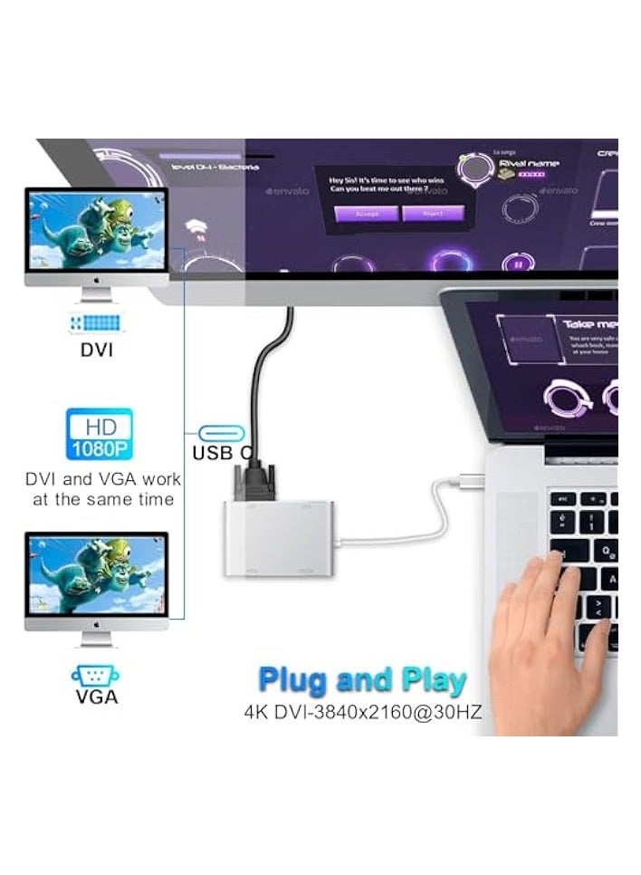 erorex USB C to HDMI DVI VGA Adapter, 4 in 1 USB-C hub to 4K HDMI, VGA, DVI Video Adapter, Male to Female Multi-Display Video Converter Monitors Connector for Mac Pro, MacBook Air, iPad Pro, XPS, etc - Image 3