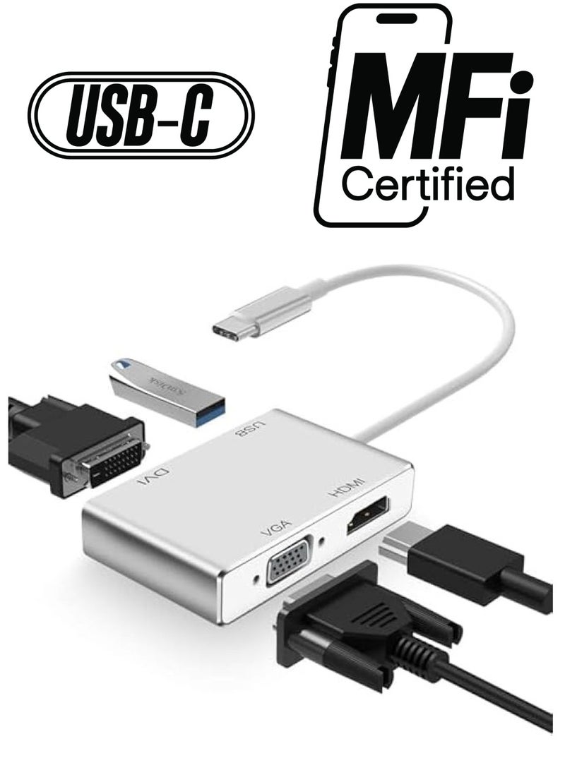 erorex USB C to HDMI DVI VGA Adapter, 4 in 1 USB-C hub to 4K HDMI, VGA, DVI Video Adapter, Male to Female Multi-Display Video Converter Monitors Connector for Mac Pro, MacBook Air, iPad Pro, XPS, etc - Image 1