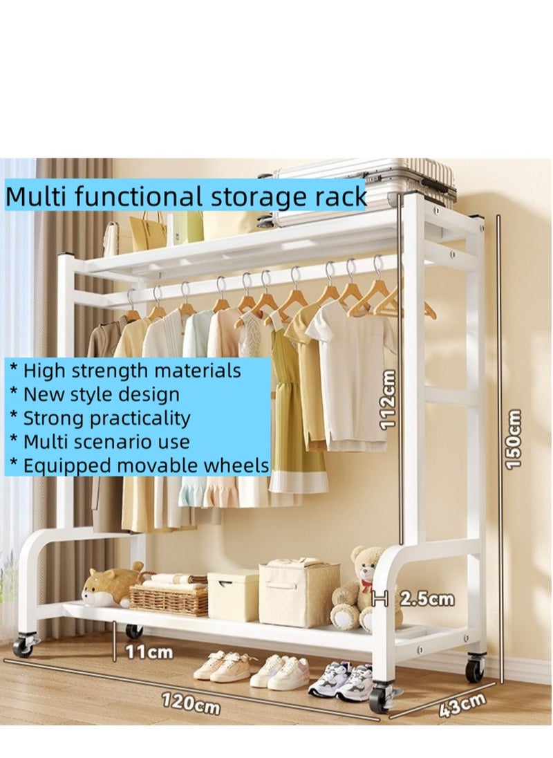 Generic Metal Garment Rack, Multi-functional Clothes Rack Coat Rack with Bottom Storage Shelf and Wheels, Portable Freestanding Hanger Shelf Clothes Organizer Metal Stand for Shoes Hats Clothes Handbags Toys Luggage Bag and Kitchen Utensils (White -120*150CM)  - Image 2