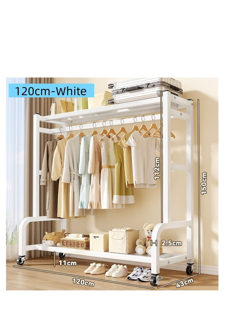 Generic Metal Garment Rack, Multi-functional Clothes Rack Coat Rack with Bottom Storage Shelf and Wheels, Portable Freestanding Hanger Shelf Clothes Organizer Metal Stand for Shoes Hats Clothes Handbags Toys Luggage Bag and Kitchen Utensils (White -120*150CM)  - Image 5