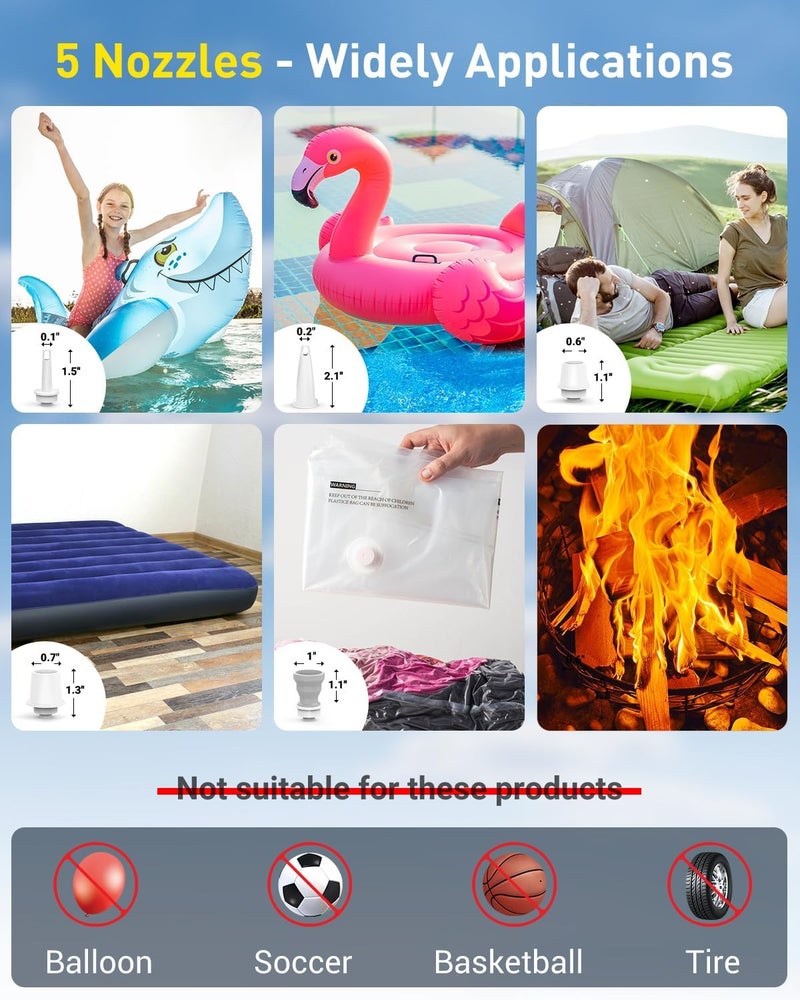 OMQ Portable Air Pump for Inflatables,Electric Air Mattress Pump with Camping Lantern & LED Display, Mini Air Pump 2X Quick Inflate Deflate for Pool Floats, Vacuum Storage Bags - Image 4
