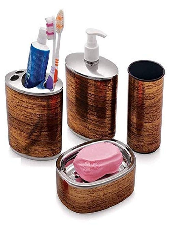 NGEL 4 Pcs Wooden Look Bathroom Accessories Soap Dispenser, Toothbrush Holder, Soap Dish & Tumbler - Image 1