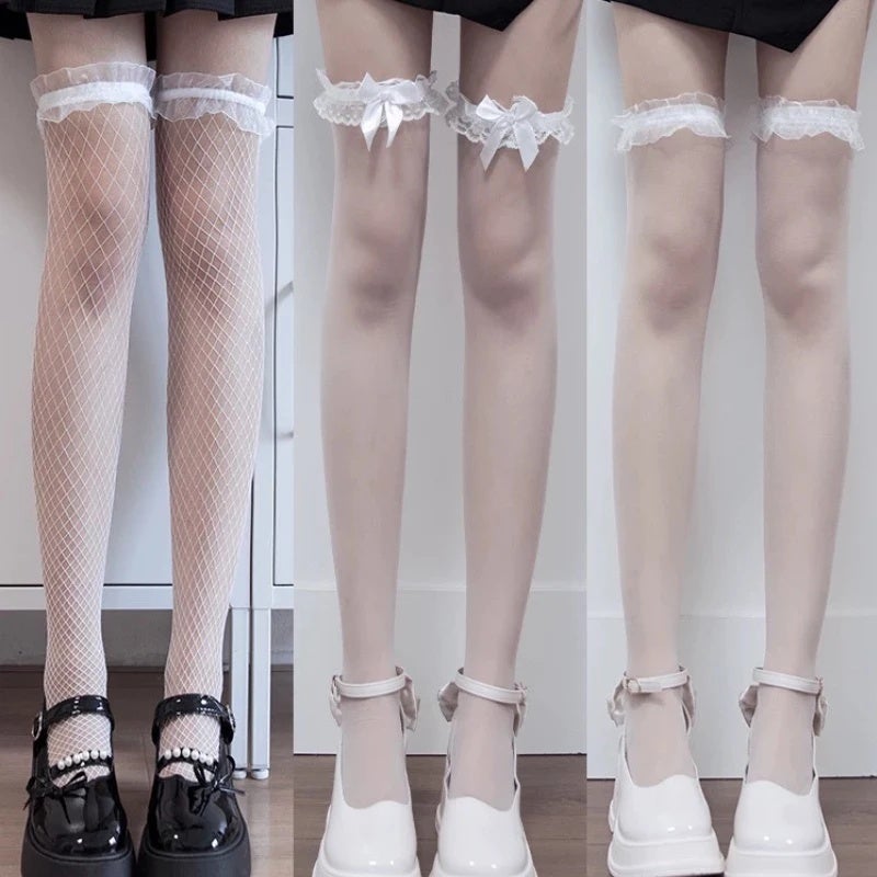 Sexy Overknee Long Socks Women Black White Sweet Girls Lolita Bowknot Thigh High Fishnet Stockings Gothic Punk Lace Mesh Legging - Image 2