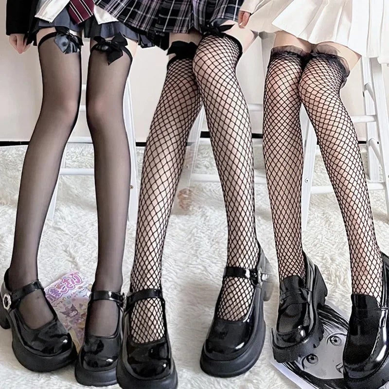 Sexy Overknee Long Socks Women Black White Sweet Girls Lolita Bowknot Thigh High Fishnet Stockings Gothic Punk Lace Mesh Legging - Image 3