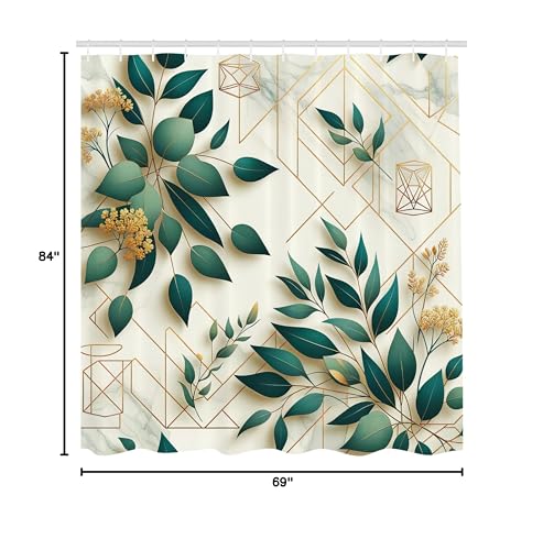 أمبيسون ambesonne eucalyptus أوراق الستار دش حديد الحد الأدنى من الأشكال المضلعة الأزهار الخريف مع ورقة قطعة قماش القماش القماش ديكور الحمام مجموعة مع السنانير 69 "W x 84" "L Dark Teal Amber Ivory - Image 5