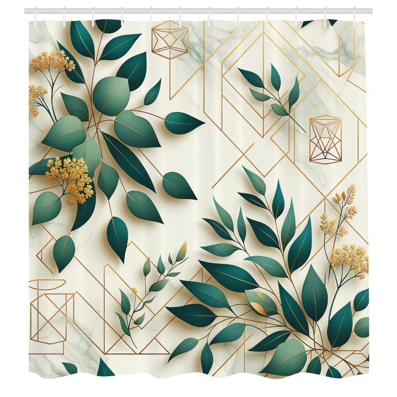 أمبيسون ambesonne eucalyptus أوراق الستار دش حديد الحد الأدنى من الأشكال المضلعة الأزهار الخريف مع ورقة قطعة قماش القماش القماش ديكور الحمام مجموعة مع السنانير 69 "W x 84" "L Dark Teal Amber Ivory - Image 4