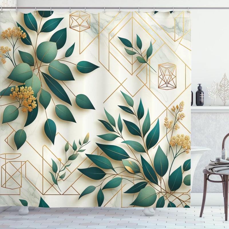 أمبيسون ambesonne eucalyptus أوراق الستار دش حديد الحد الأدنى من الأشكال المضلعة الأزهار الخريف مع ورقة قطعة قماش القماش القماش ديكور الحمام مجموعة مع السنانير 69 "W x 84" "L Dark Teal Amber Ivory - Image 3