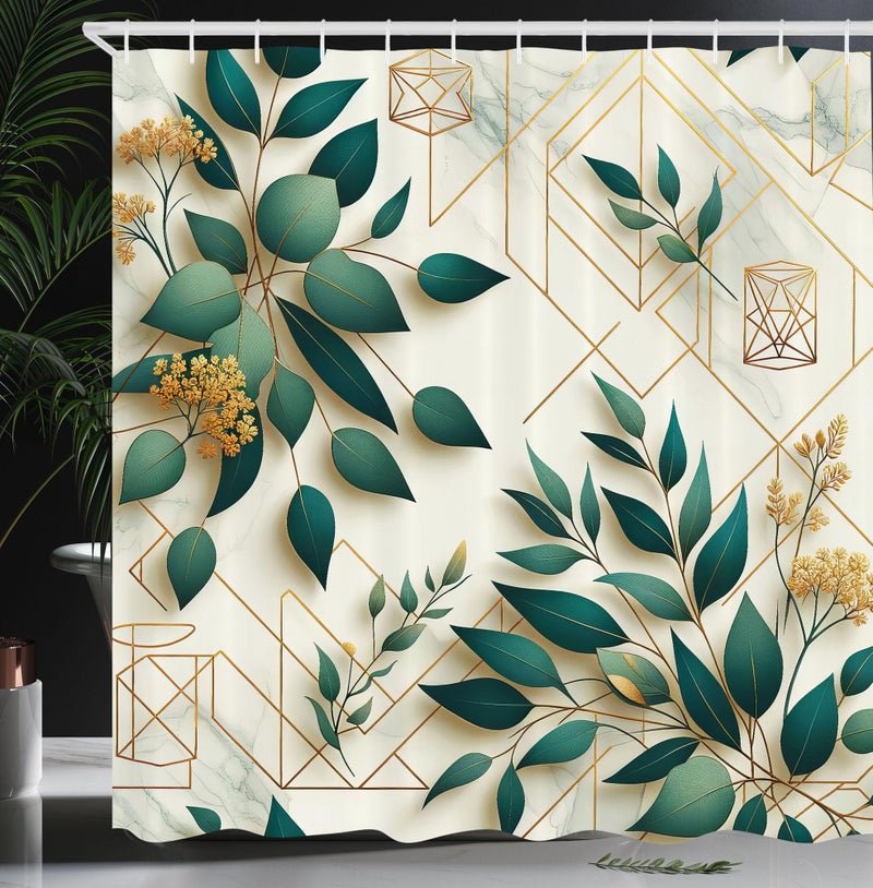 أمبيسون ambesonne eucalyptus أوراق الستار دش حديد الحد الأدنى من الأشكال المضلعة الأزهار الخريف مع ورقة قطعة قماش القماش القماش ديكور الحمام مجموعة مع السنانير 69 "W x 84" "L Dark Teal Amber Ivory - Image 1