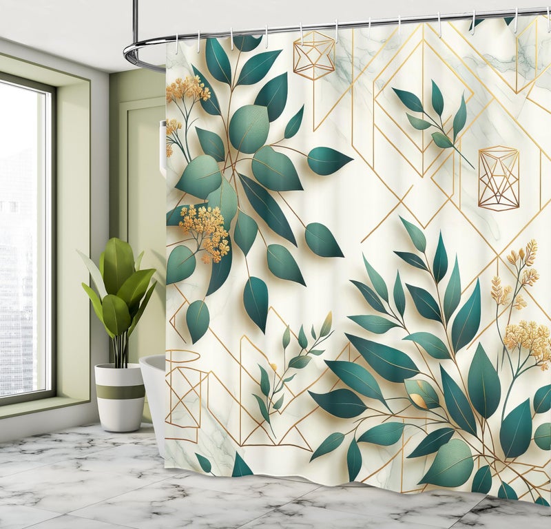 أمبيسون ambesonne eucalyptus أوراق الستار دش حديد الحد الأدنى من الأشكال المضلعة الأزهار الخريف مع ورقة قطعة قماش القماش القماش ديكور الحمام مجموعة مع السنانير 69 "W x 84" "L Dark Teal Amber Ivory - Image 2