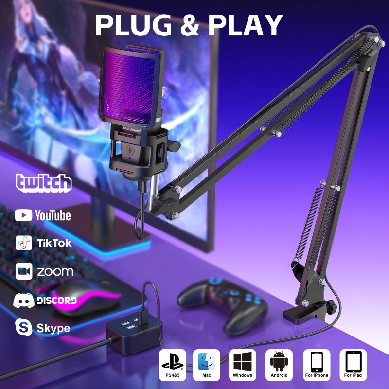 ZealSound ميكروفون زيل ساوند للألعاب USB، ميكروفون مكثف مع إلغاء الضوضاء، ميكروفون RGB مع كتم الصوت، وزيادة، ومراقبة، وذراع متحرك، وفلتر صوتي للهاتف، والكمبيوتر الشخصي، والكمبيوتر، وPS4، وPS5، وماك، والبث، والبودكاست، وتويتش، ويوتيوب، وديسكورد - Image 2