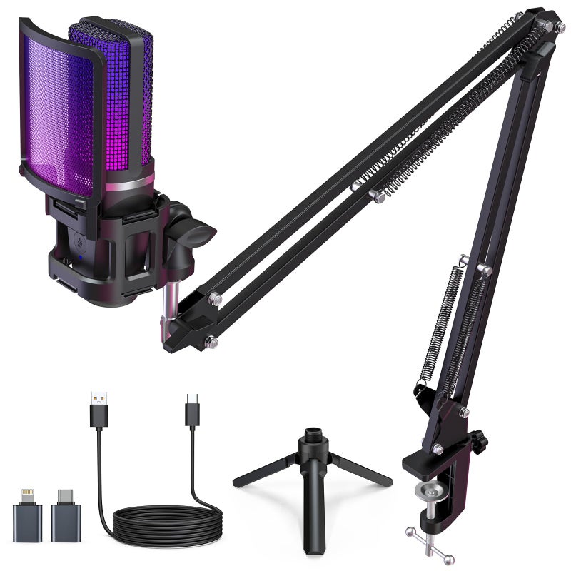 ZealSound ميكروفون زيل ساوند للألعاب USB، ميكروفون مكثف مع إلغاء الضوضاء، ميكروفون RGB مع كتم الصوت، وزيادة، ومراقبة، وذراع متحرك، وفلتر صوتي للهاتف، والكمبيوتر الشخصي، والكمبيوتر، وPS4، وPS5، وماك، والبث، والبودكاست، وتويتش، ويوتيوب، وديسكورد - Image 1