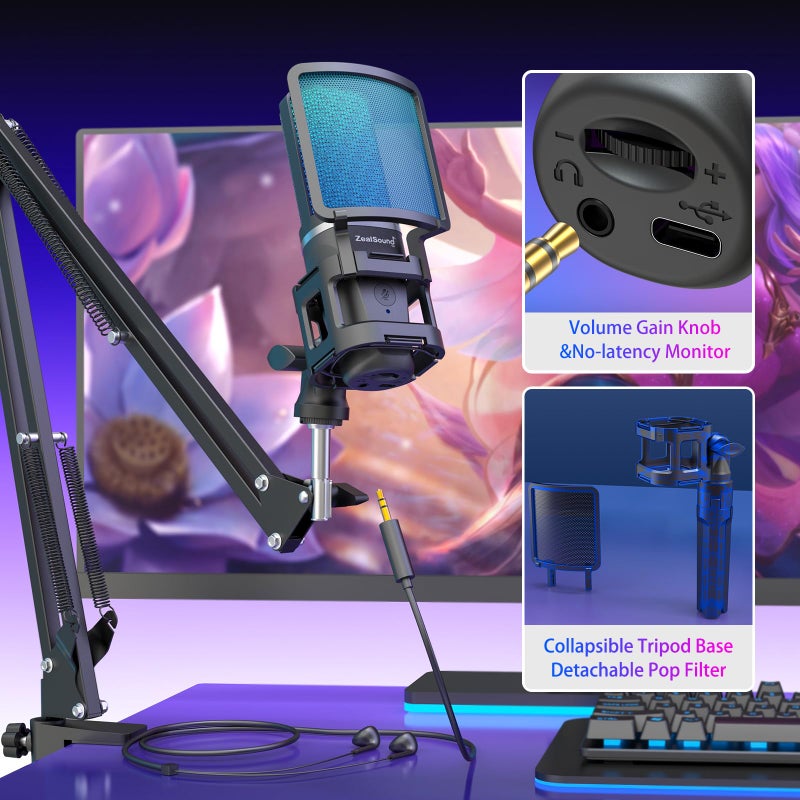 ZealSound ميكروفون زيل ساوند للألعاب USB، ميكروفون مكثف مع إلغاء الضوضاء، ميكروفون RGB مع كتم الصوت، وزيادة، ومراقبة، وذراع متحرك، وفلتر صوتي للهاتف، والكمبيوتر الشخصي، والكمبيوتر، وPS4، وPS5، وماك، والبث، والبودكاست، وتويتش، ويوتيوب، وديسكورد - Image 5