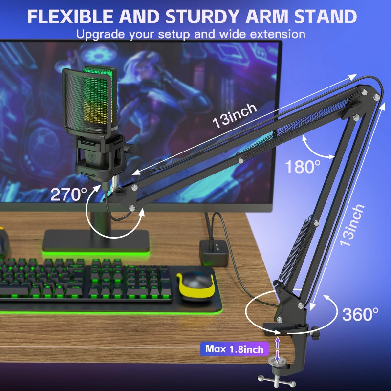 ZealSound ميكروفون زيل ساوند للألعاب USB، ميكروفون مكثف مع إلغاء الضوضاء، ميكروفون RGB مع كتم الصوت، وزيادة، ومراقبة، وذراع متحرك، وفلتر صوتي للهاتف، والكمبيوتر الشخصي، والكمبيوتر، وPS4، وPS5، وماك، والبث، والبودكاست، وتويتش، ويوتيوب، وديسكورد - Image 4