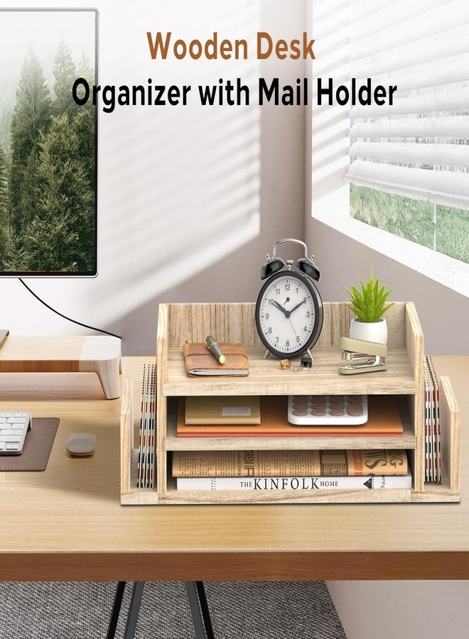 SUPEASY Wooden Desk Organizer, 3-Tier Paper Trays with 2 Mail Sorters, Natural Wood - Image 2