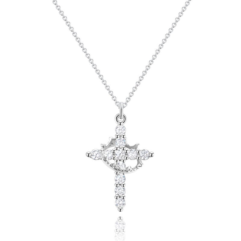 Robaice Silver Cross Necklace for Women, Sterling Silver Plated Crown Cross Pendant Necklace Cross Necklaces Faith Jewelry First Communion Necklace, Silver - Image 1