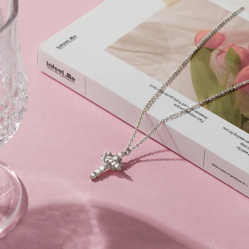 Robaice Silver Cross Necklace for Women, Sterling Silver Plated Crown Cross Pendant Necklace Cross Necklaces Faith Jewelry First Communion Necklace, Silver - Image 5