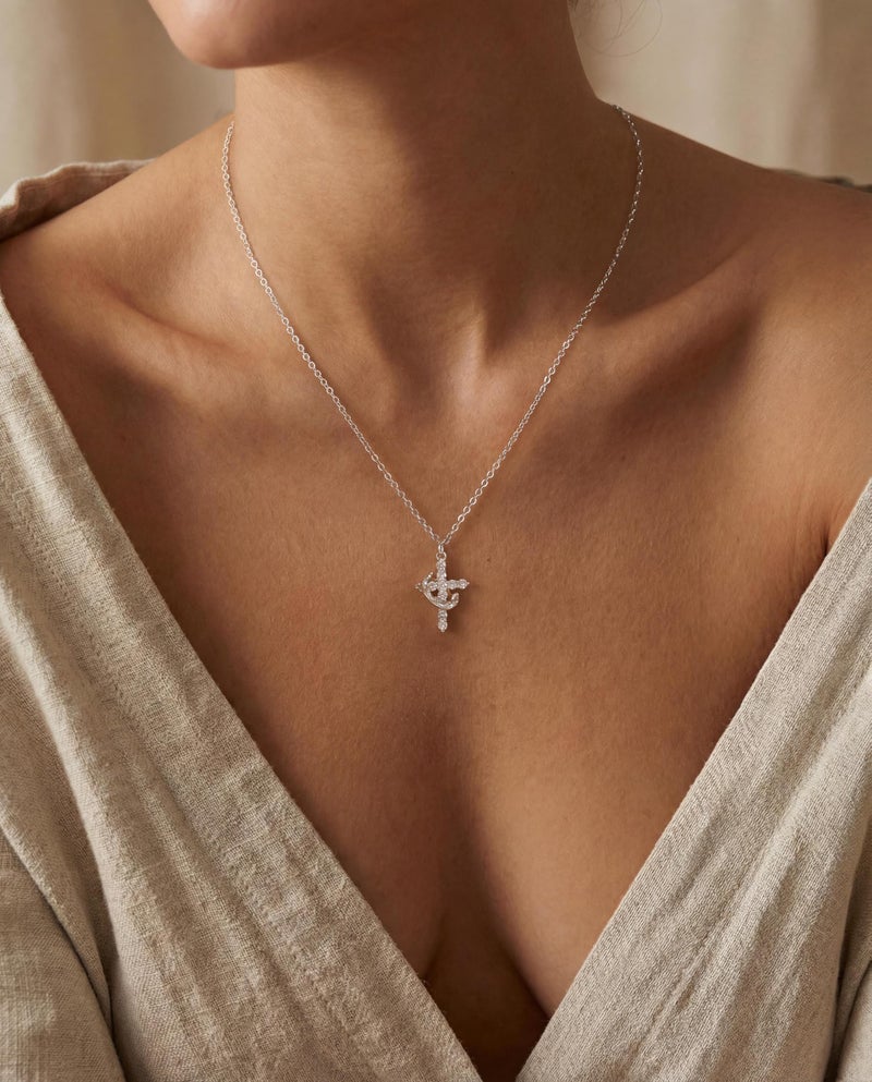 Robaice Silver Cross Necklace for Women, Sterling Silver Plated Crown Cross Pendant Necklace Cross Necklaces Faith Jewelry First Communion Necklace, Silver - Image 2