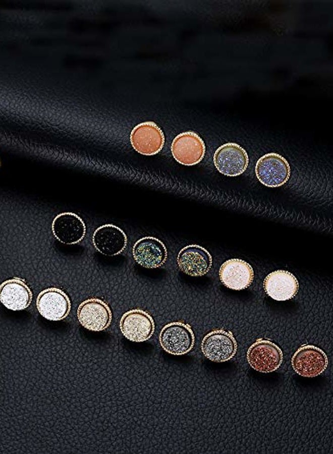 Ofeiyaa 9 Pairs Round Stud Earrings Stainless Steel Cute Druzy Crystal Studs Earrings Pierced for Women Girls 10mm 20G, Stainless Steel - Image 5