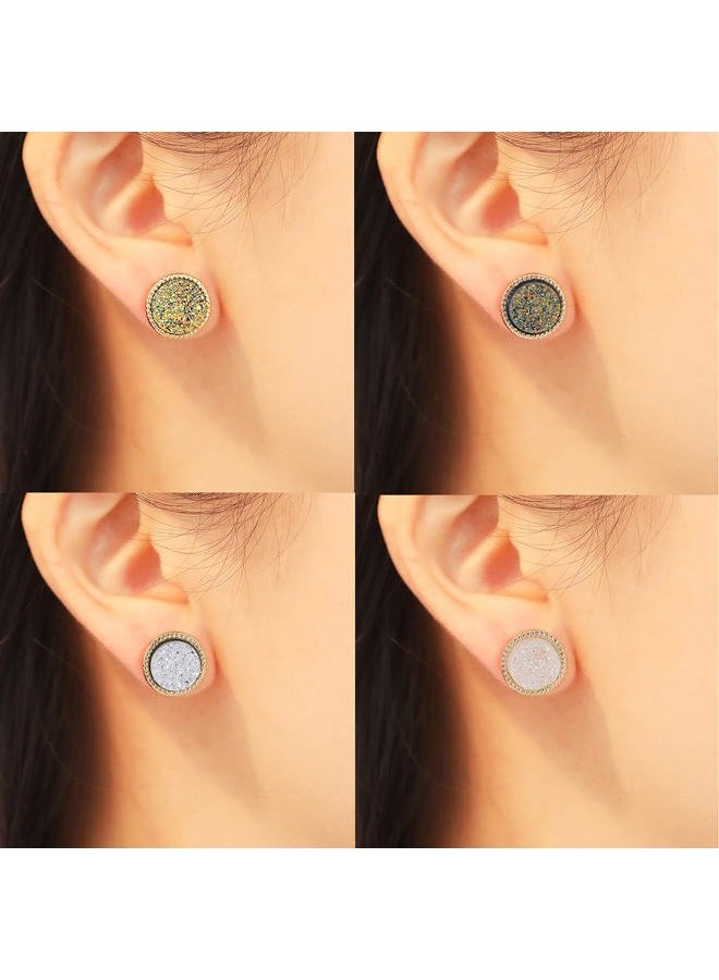 Ofeiyaa 9 Pairs Round Stud Earrings Stainless Steel Cute Druzy Crystal Studs Earrings Pierced for Women Girls 10mm 20G, Stainless Steel - Image 2