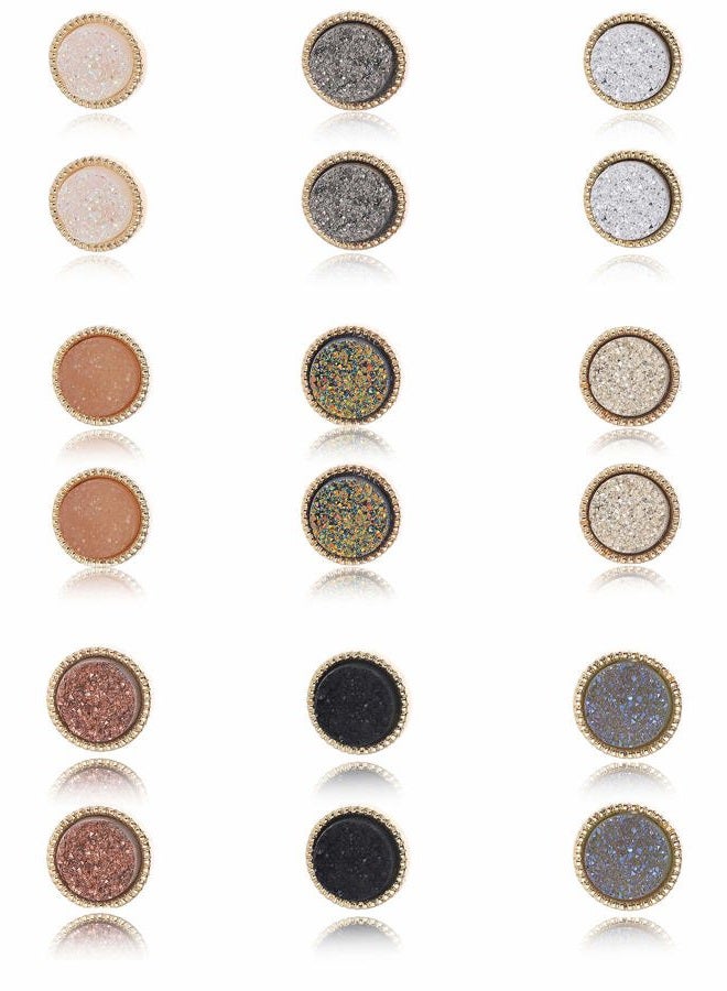 Ofeiyaa 9 Pairs Round Stud Earrings Stainless Steel Cute Druzy Crystal Studs Earrings Pierced for Women Girls 10mm 20G, Stainless Steel - Image 1