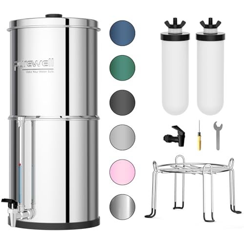 Purewell 3-Stage Gravity Fed Water Filter System, 2.25 Gallon Stainless Steel Countertop System with 2 Washable Ceramic Filters, Metal Water Level Spigot and Stand, Reduce up to 99% Chlorine, PW-OBT-K - Image 1
