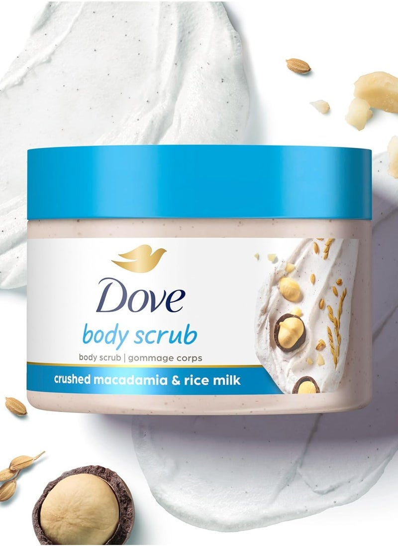 Dove Exfoliating Body Polish Scrub Reveals Visibly Smoother Skin Macadamia and Rice Milk Body Scrub That Nourishes Skin 298g  - Image 1