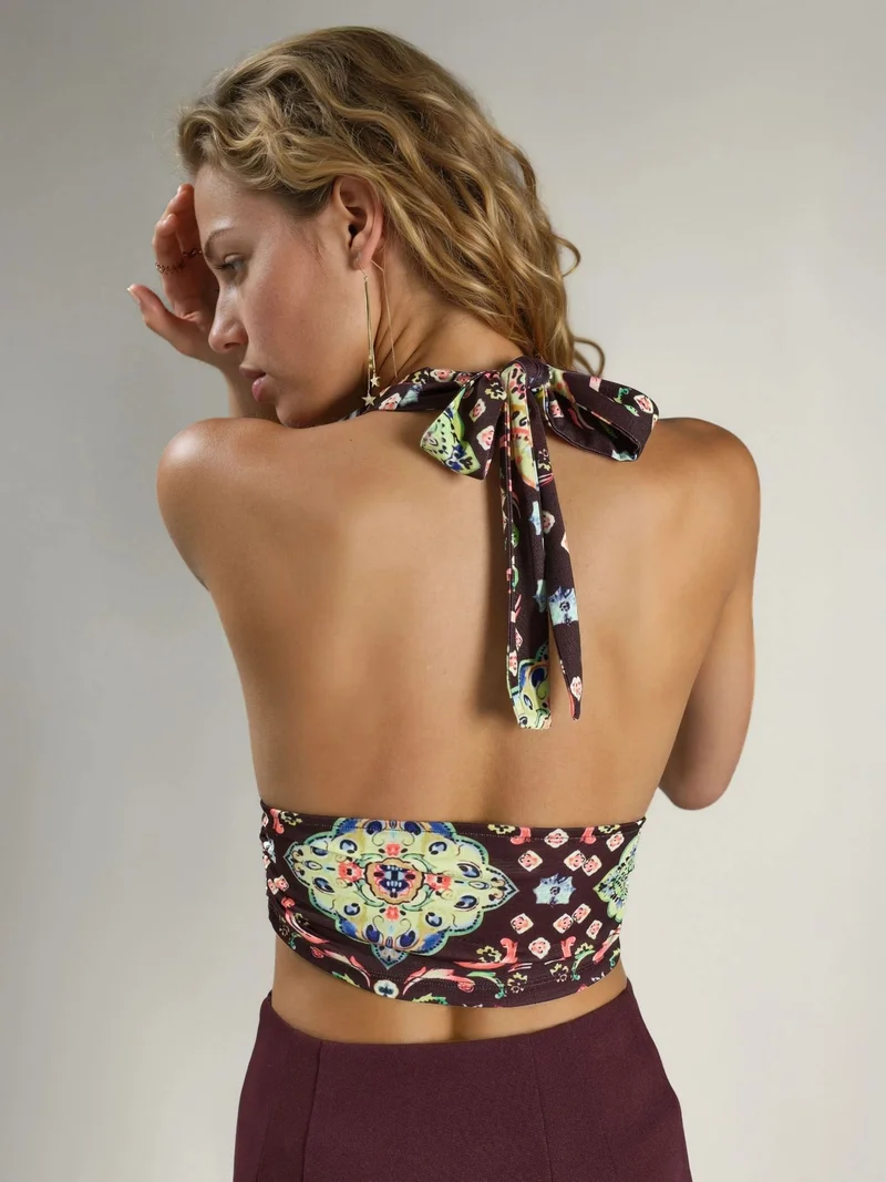 Hiccup Brown Patterned Ruched Crop Top for Women | Best Price UAE