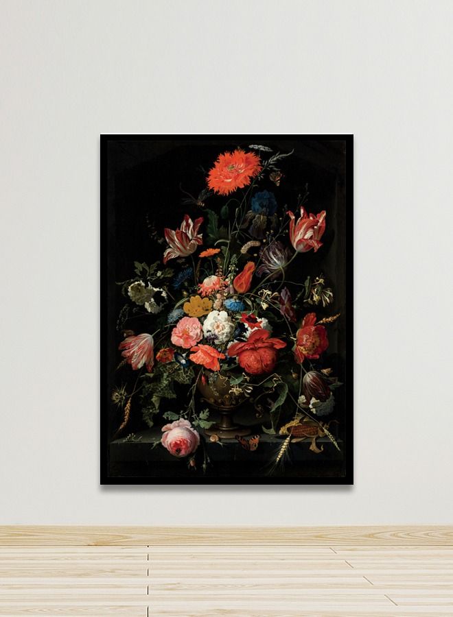 ماركتنا لوحة جدارية قماشية فنية لتزيين الحائط بتصميم ورود مع برواز اسود مجوف مقاس120X80سم قطعة واحدة - Image 1