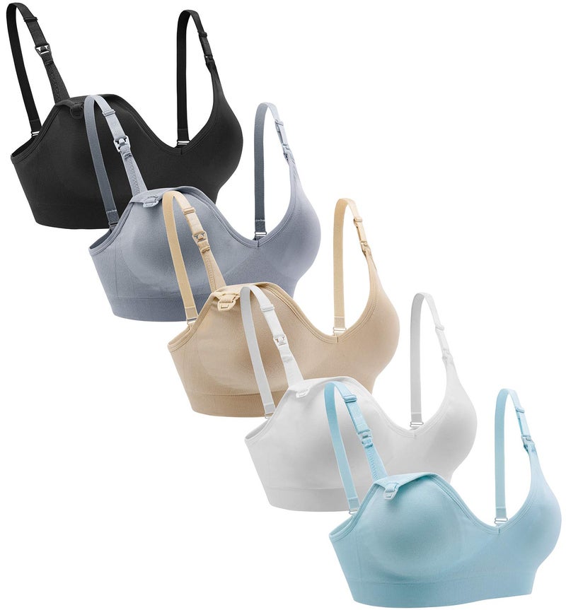 Suekaphin 5-pack Wireless Nursing Bra with Extenders - V-Neck, Maternity, Breastfeeding, Sleeping - Black/Nude/White/Gray/Light Blue, Large - Image 1