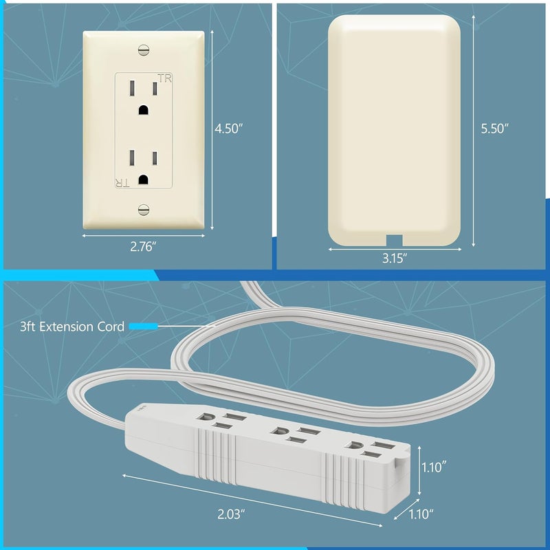 Lider Flat-Face Outlet Extender with 3 Receptacles, Ultra-Thin Wall Plate Plug with Cord Extender and 3-Outlet Power Strip, 3ft Cord, LWE3-315-LA, Light Almond - Image 2