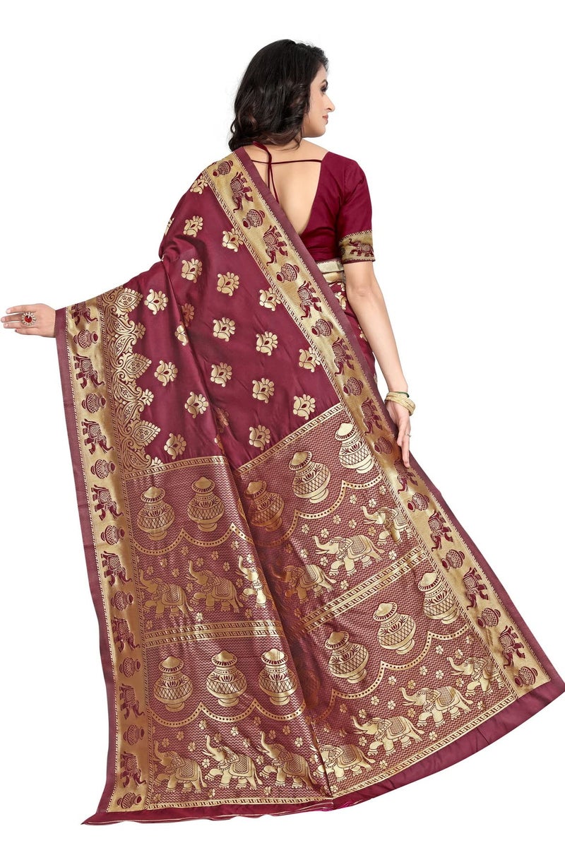 C J Enterprise Women's Pure Kanjivaram Silk Saree Soft Design With Blouse Piece For Wedding (Pari9016-54) (Maroon) - Image 2