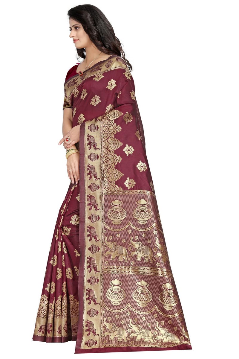 C J Enterprise Women's Pure Kanjivaram Silk Saree Soft Design With Blouse Piece For Wedding (Pari9016-54) (Maroon) - Image 3