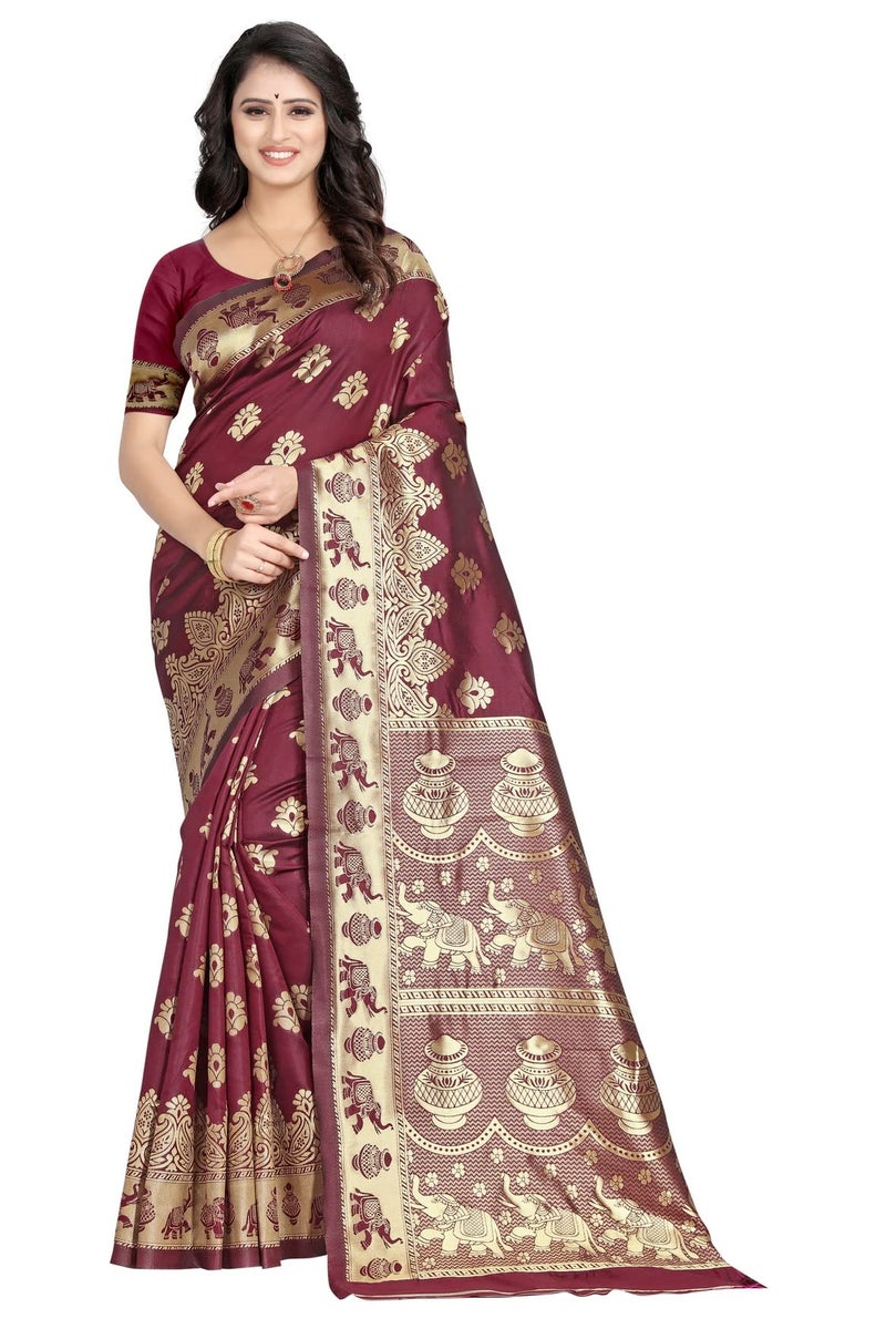 C J Enterprise Women's Pure Kanjivaram Silk Saree Soft Design With Blouse Piece For Wedding (Pari9016-54) (Maroon) - Image 1