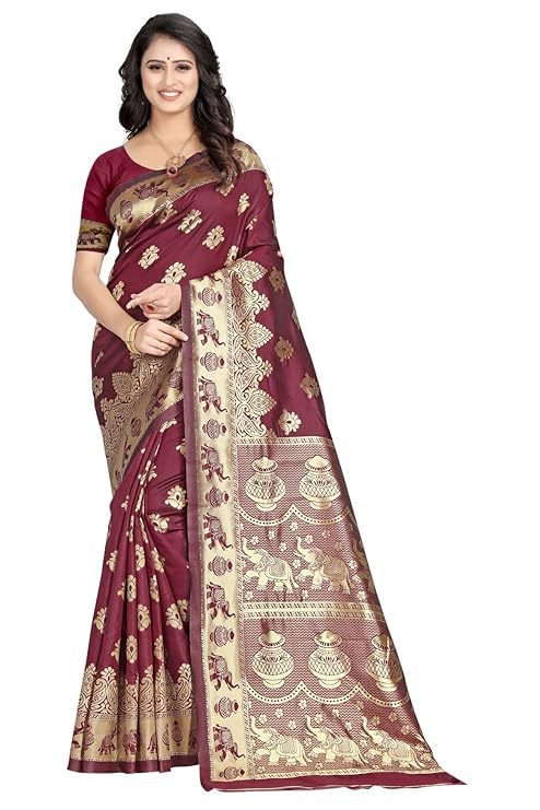 C J Enterprise Women's Pure Kanjivaram Silk Saree Soft Design With Blouse Piece For Wedding (Pari9016-54) (Maroon) - Image 5