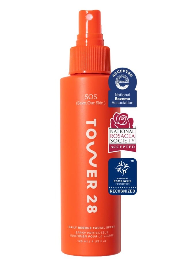 Tower 28 SOS Daily Rescue Facial Spray for Sensitive Skin, Hypochlorous Acid Spray Helps Reduce Redness and Breakouts, Full Size Toner for Face, 4 FL Oz - Image 1