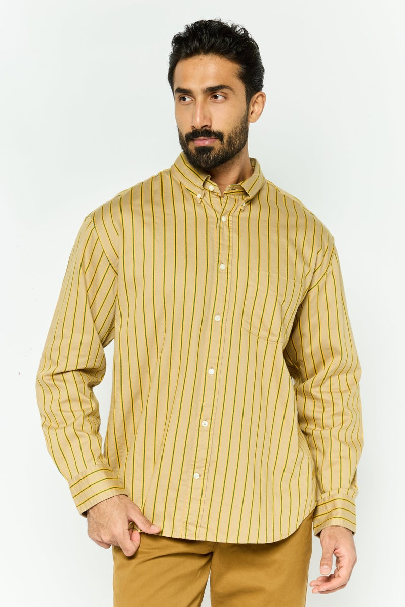 GANT Men Relaxed Fit Stripe Long Sleeves Casual Shirt, Khaki - Image 1